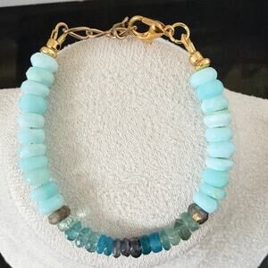 Second Bloom Studio Artisan Sky & Sea Blue Gemstone Bracelet 6" Gold Extender